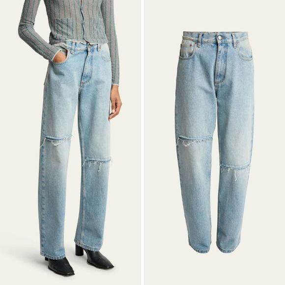 NWT Maison Margiela MM6 Distressed 5 Pocket Denim Wide Leg Blue Slash Jeans 28 - Picture 1 of 12